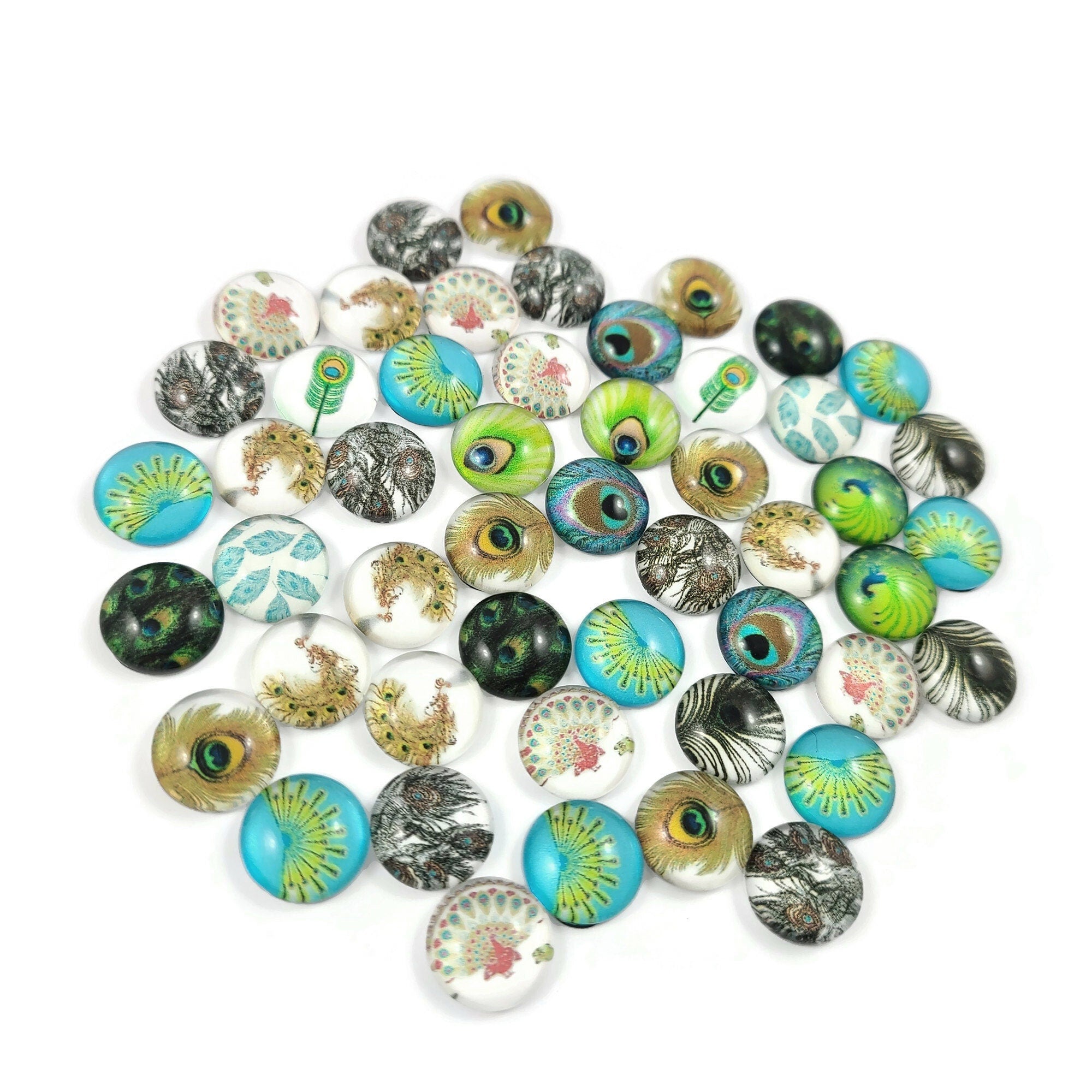 Mixed feather glass cabochons, 12mm flat round domed cabochons, Set of 50, Jewelry making