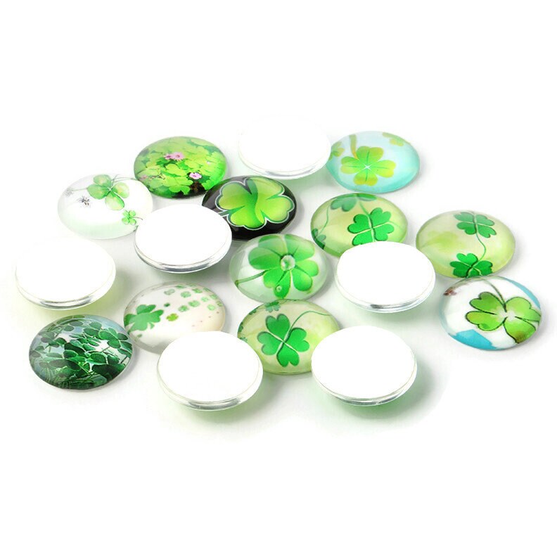 Four leaf clover glass cabochons, 12mm flat round domed cabochons, Set of 50 mixed, Jewelry making