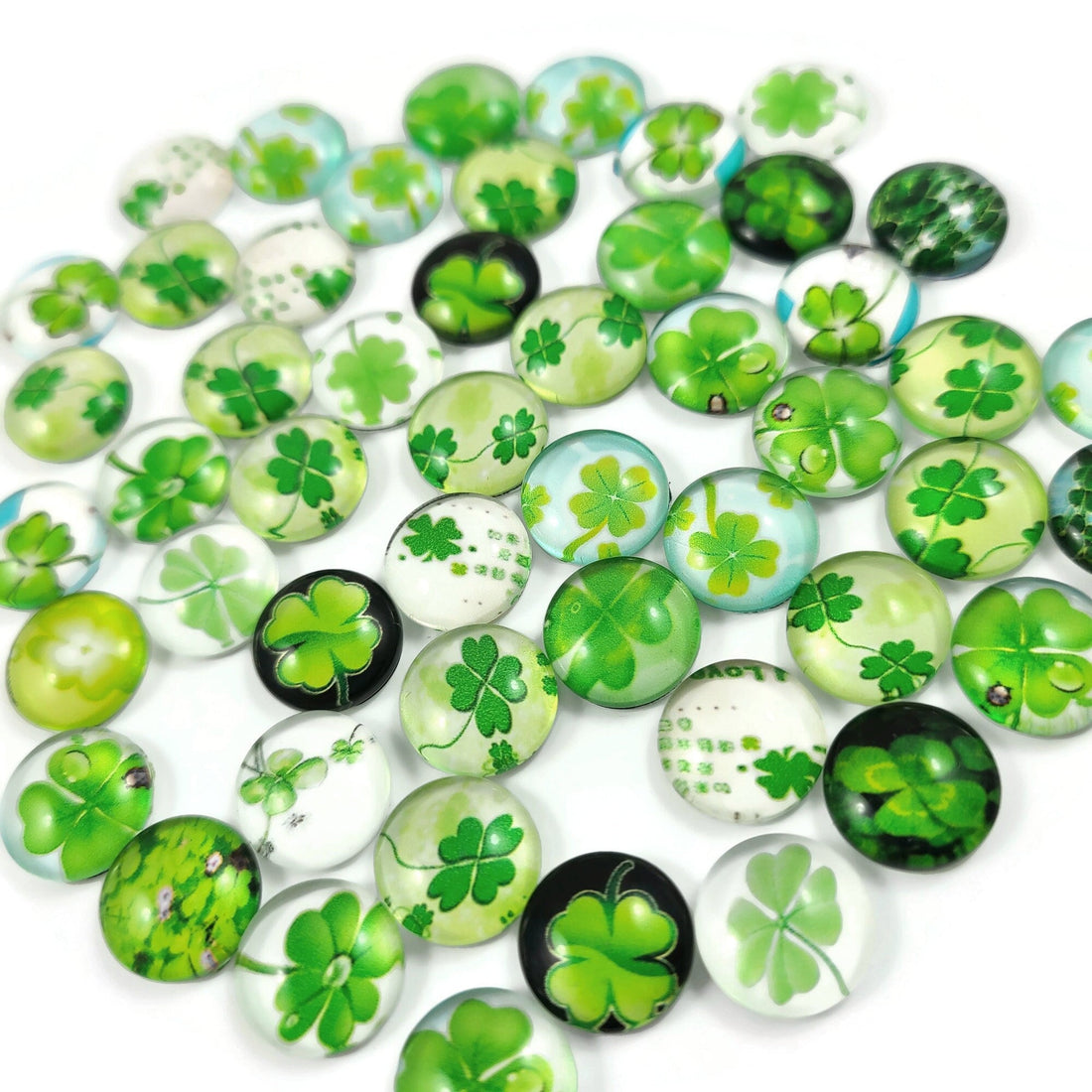 Four leaf clover glass cabochons, 12mm flat round domed cabochons, Set of 50 mixed, Jewelry making