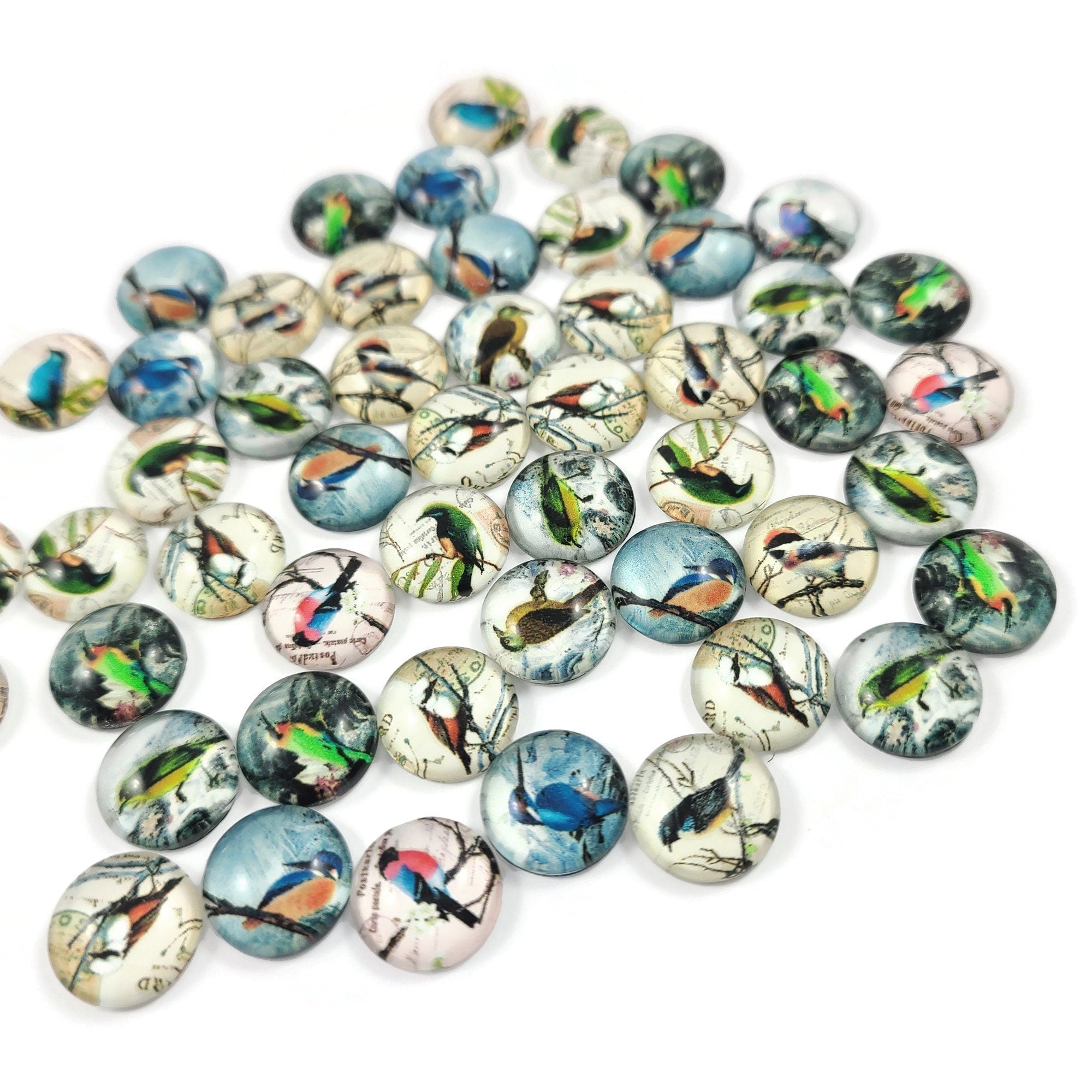 12mm mixed bird glass cabochons, Set of 50, Jewelry making