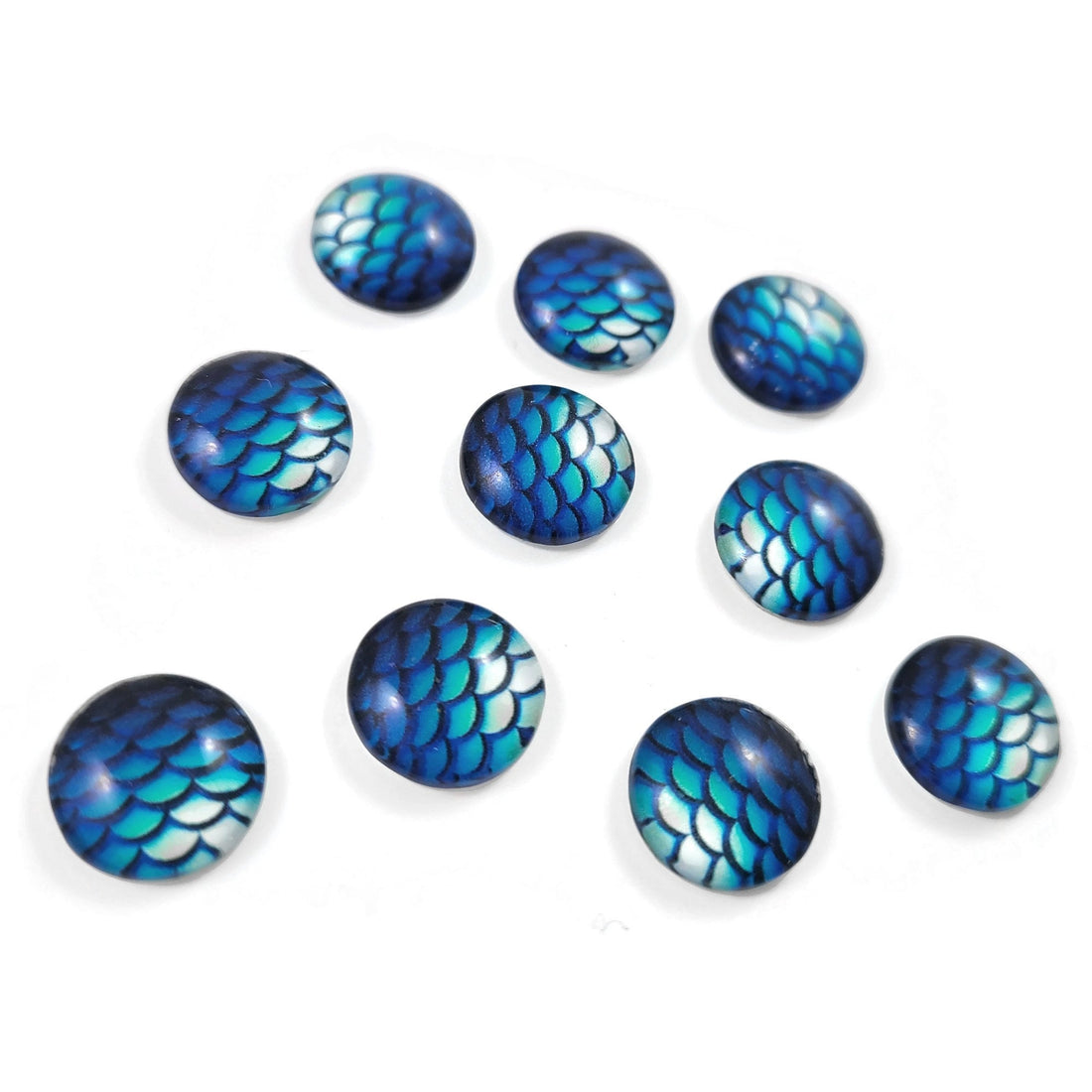 Mermaid glass cabochons, 12mm flat round domed cabochons, Set of 10, Jewelry making