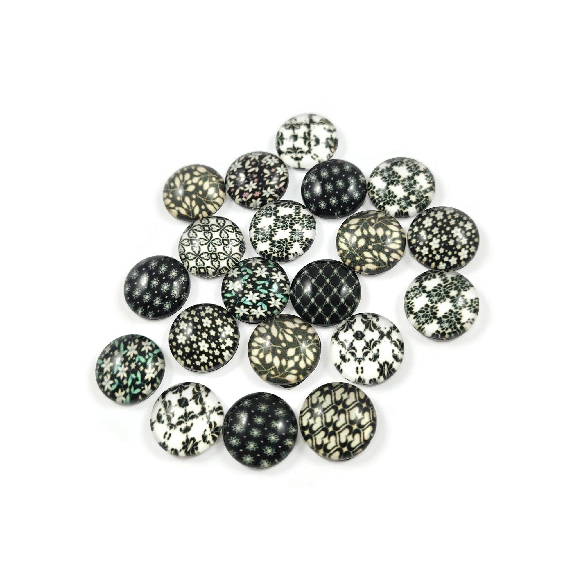 Mixed black floral glass cabochons - set of 20 round dome cabochons - 12mm