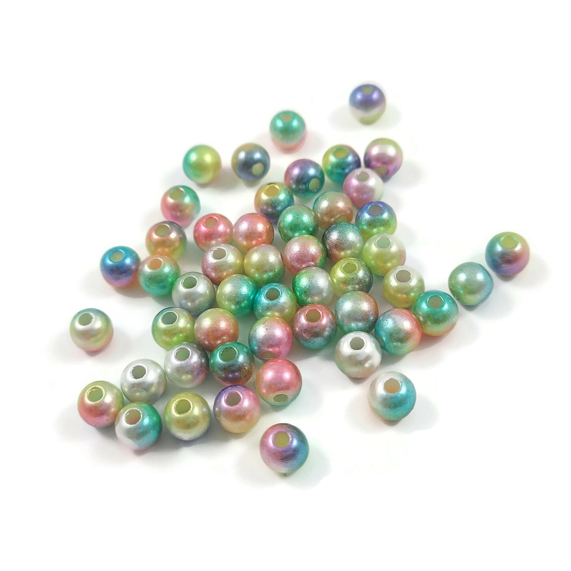 50 rainbow pearly gradient beads, Assorted 6mm plastic beads for jewelry making