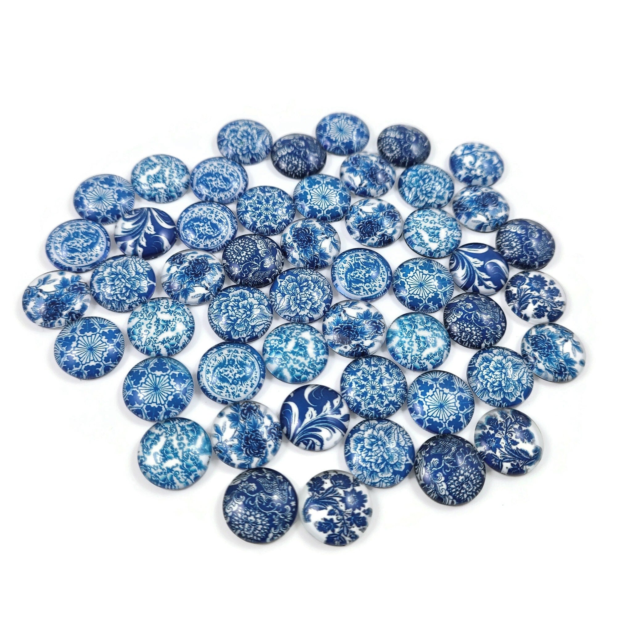 Mixed blue flower glass cabochons, White porcelain photo round dome