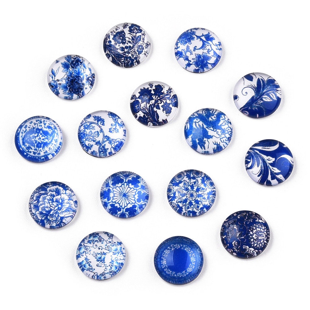 Mixed blue flower glass cabochons, set of 50, White porcelain round dome cabochons, Jewelry making