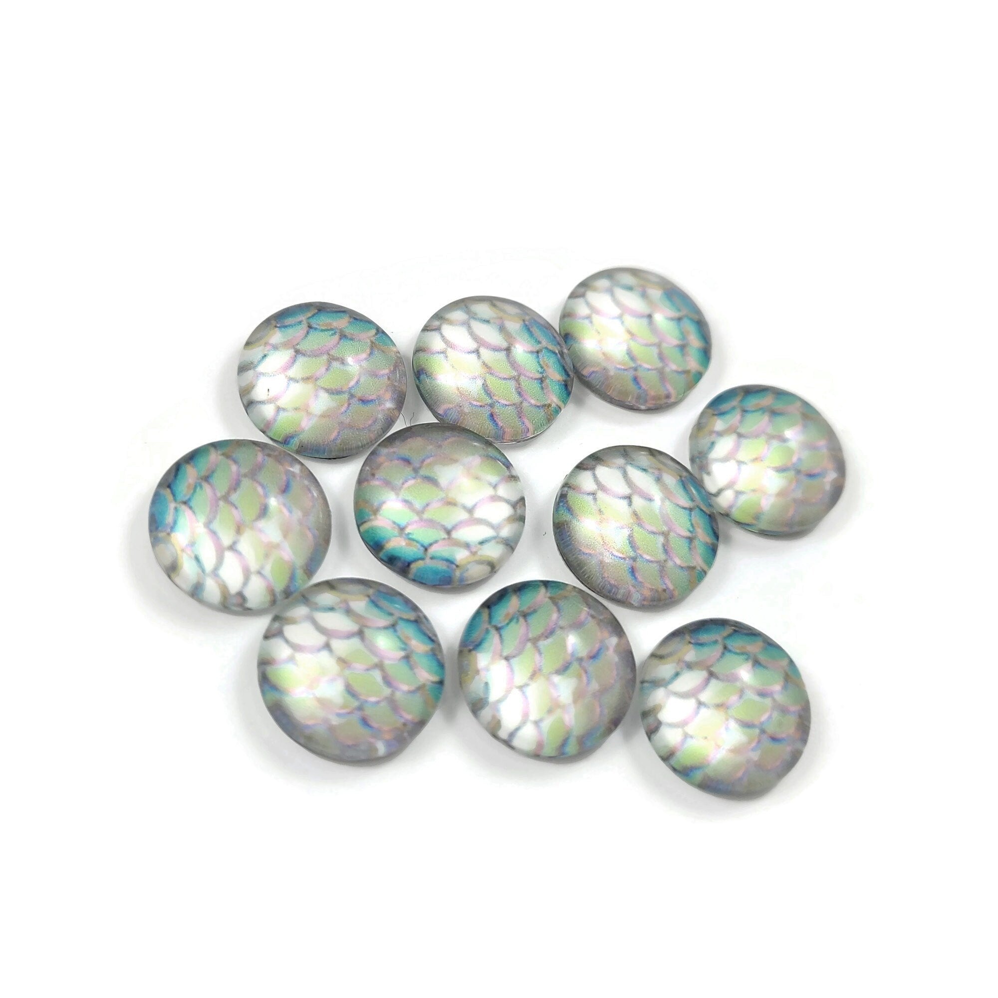 Mermaid glass cabochons, 12mm flat round domed cabochons, Set of 10, Jewelry making