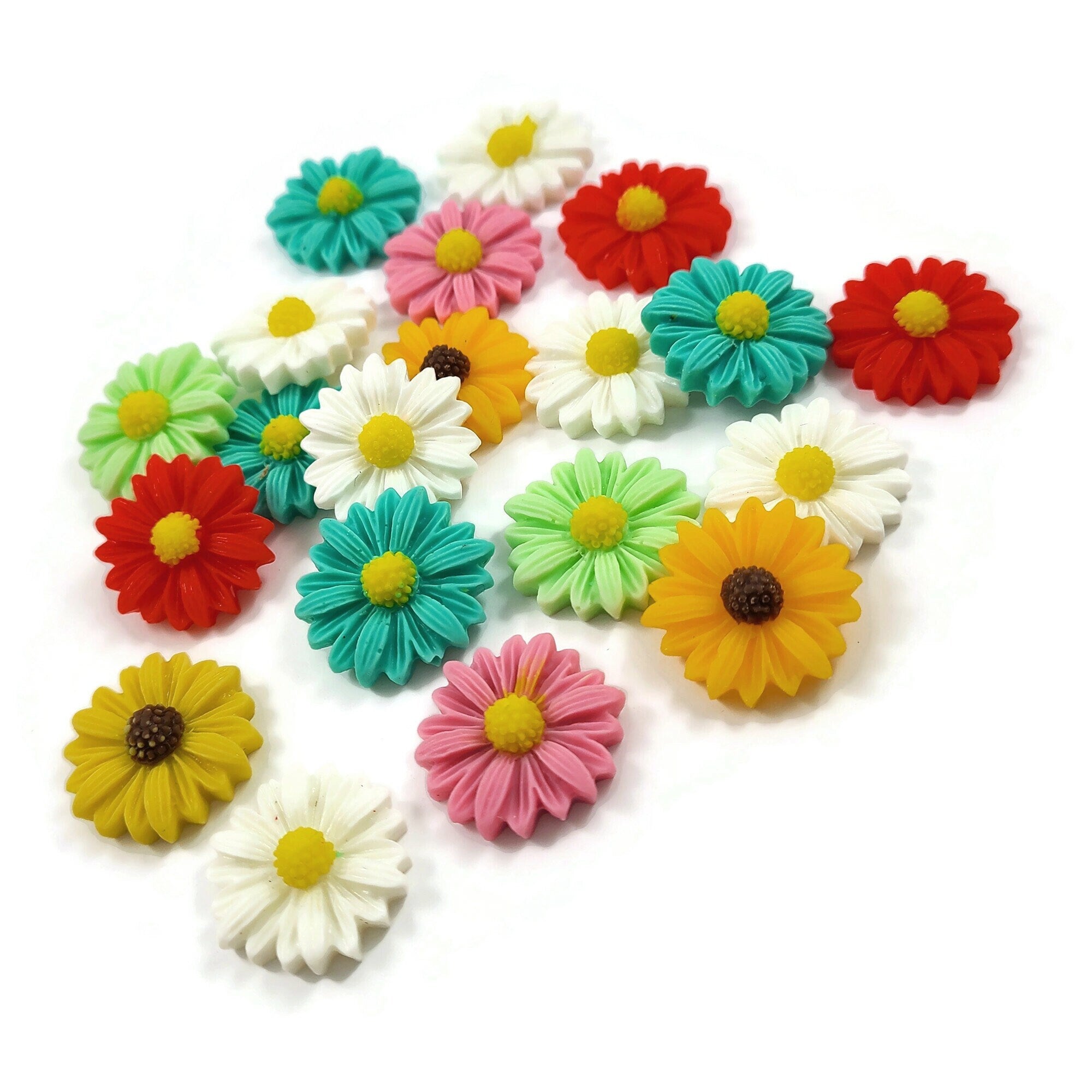 Resin flower cabochons, Mixed daisy embellishments, Flat back cabochons, Assorted pack, Jewelry making supplies