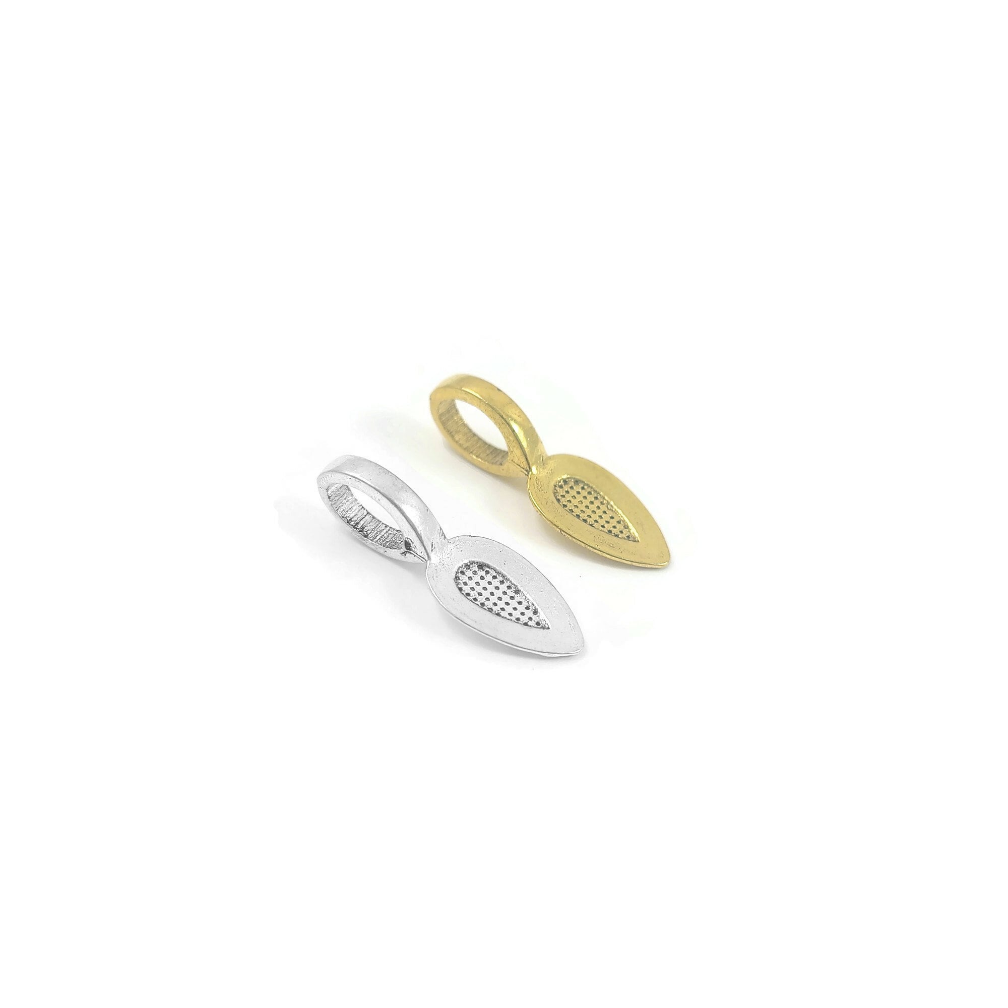 Glue on bails, Gold, Silver, Leaf oval pad, Hypoallergenic nickel free jewelry findings, Pendant making parts
