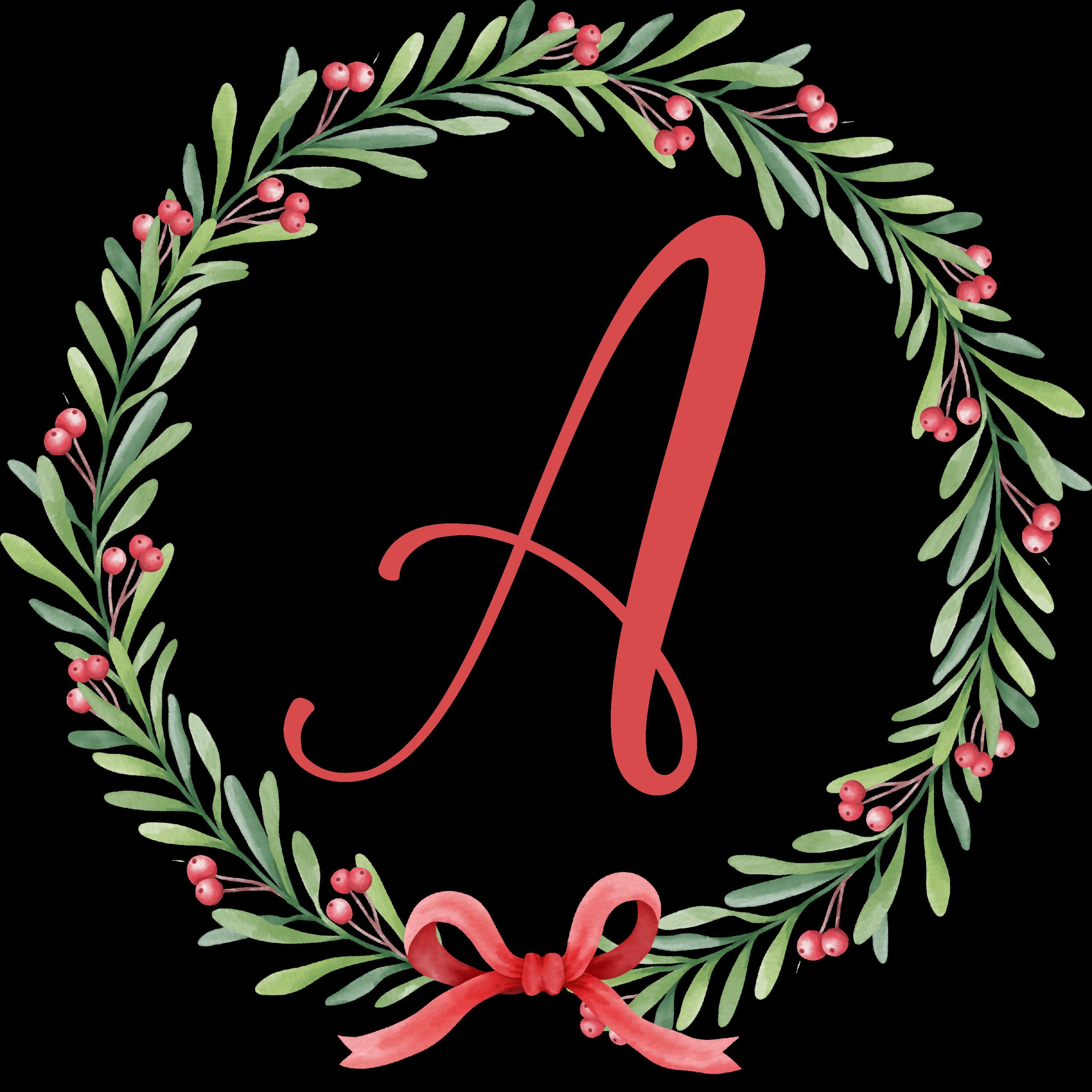 Christmas alphabet, Watercolor floral alphabet, Wreath monogram, PNG initial clipart, Instant download DIY