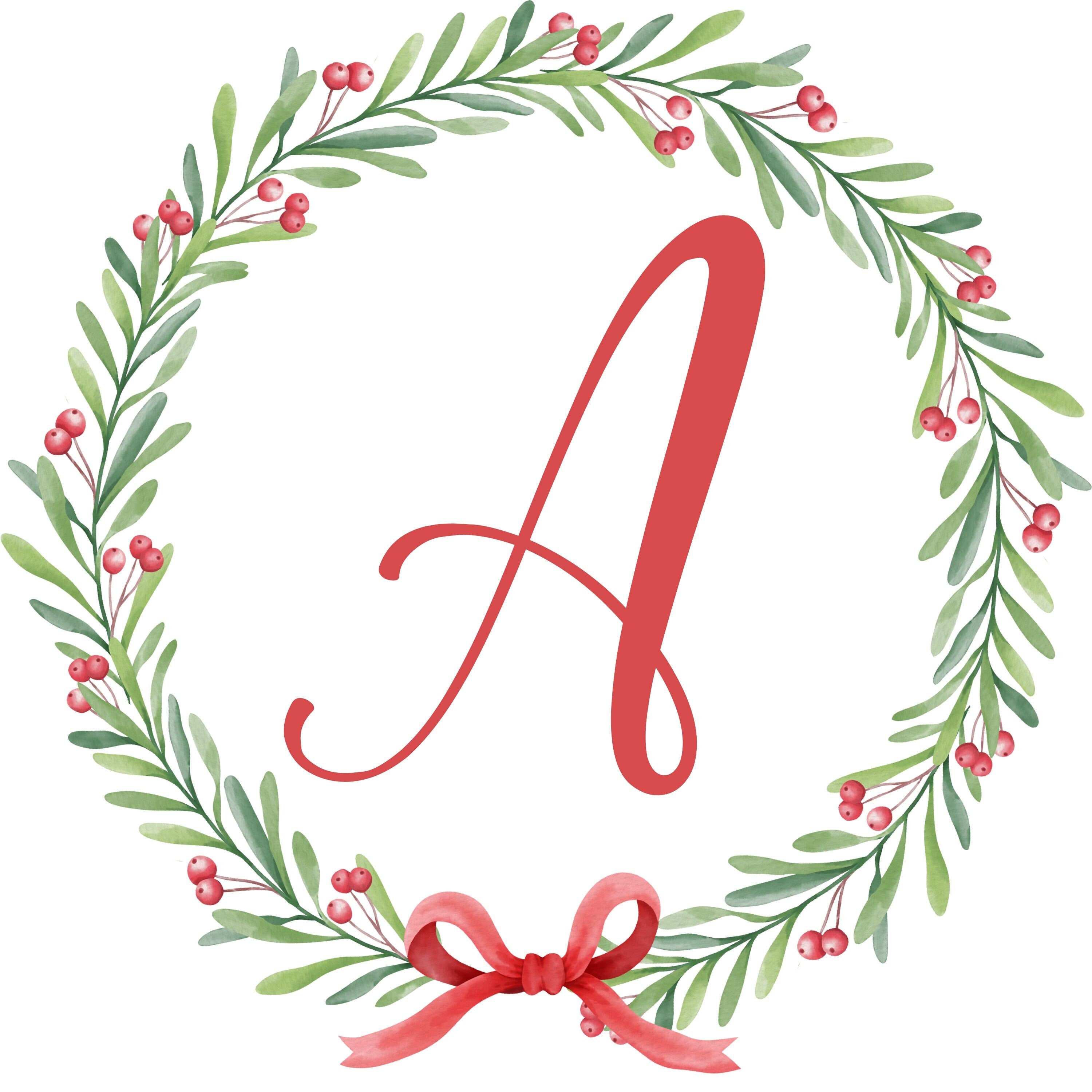 Christmas alphabet, Watercolor floral alphabet, Wreath monogram, PNG initial clipart, Instant download DIY