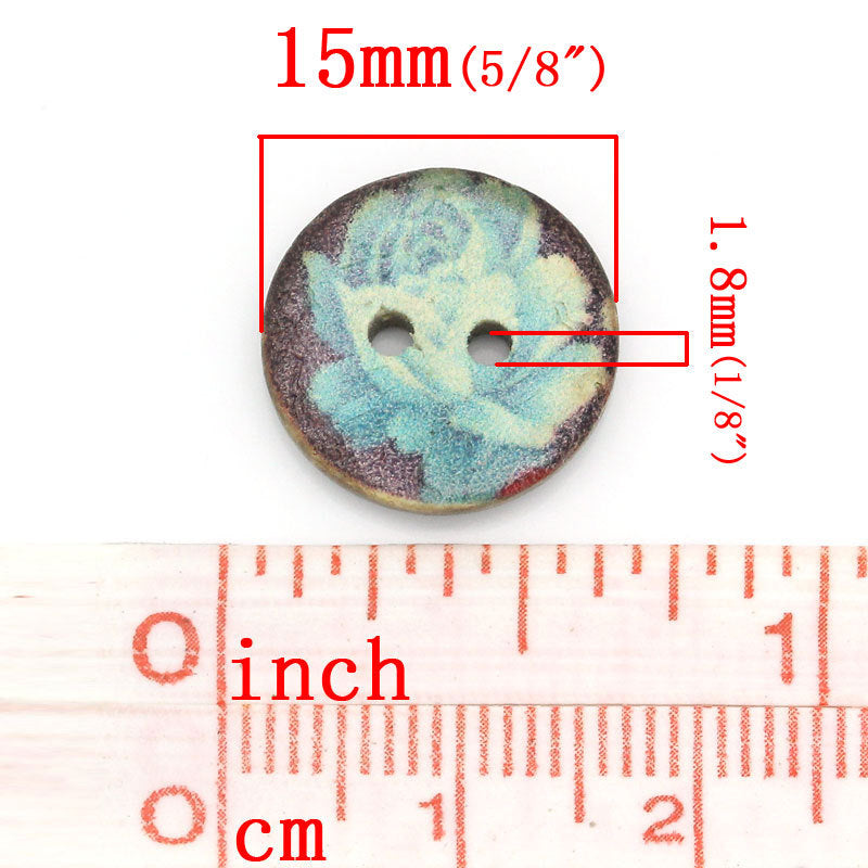 6 Coconut Shell Buttons 15mm - Blue Rose Pattern