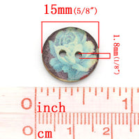 6 Coconut Shell Buttons 15mm - Blue Rose Pattern