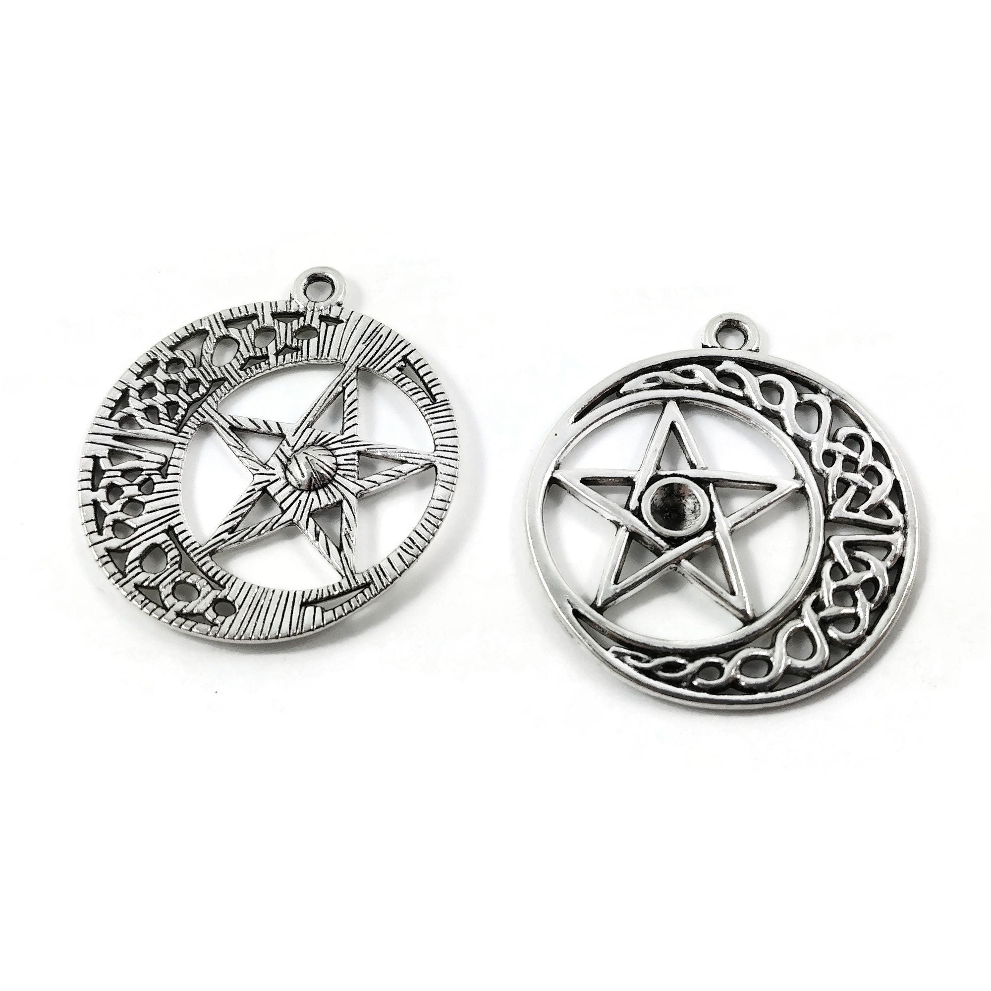 5 Celtic knot pentagram charms, Rhinestone setting, Antique silver metal pendants, Jewelry making supplies