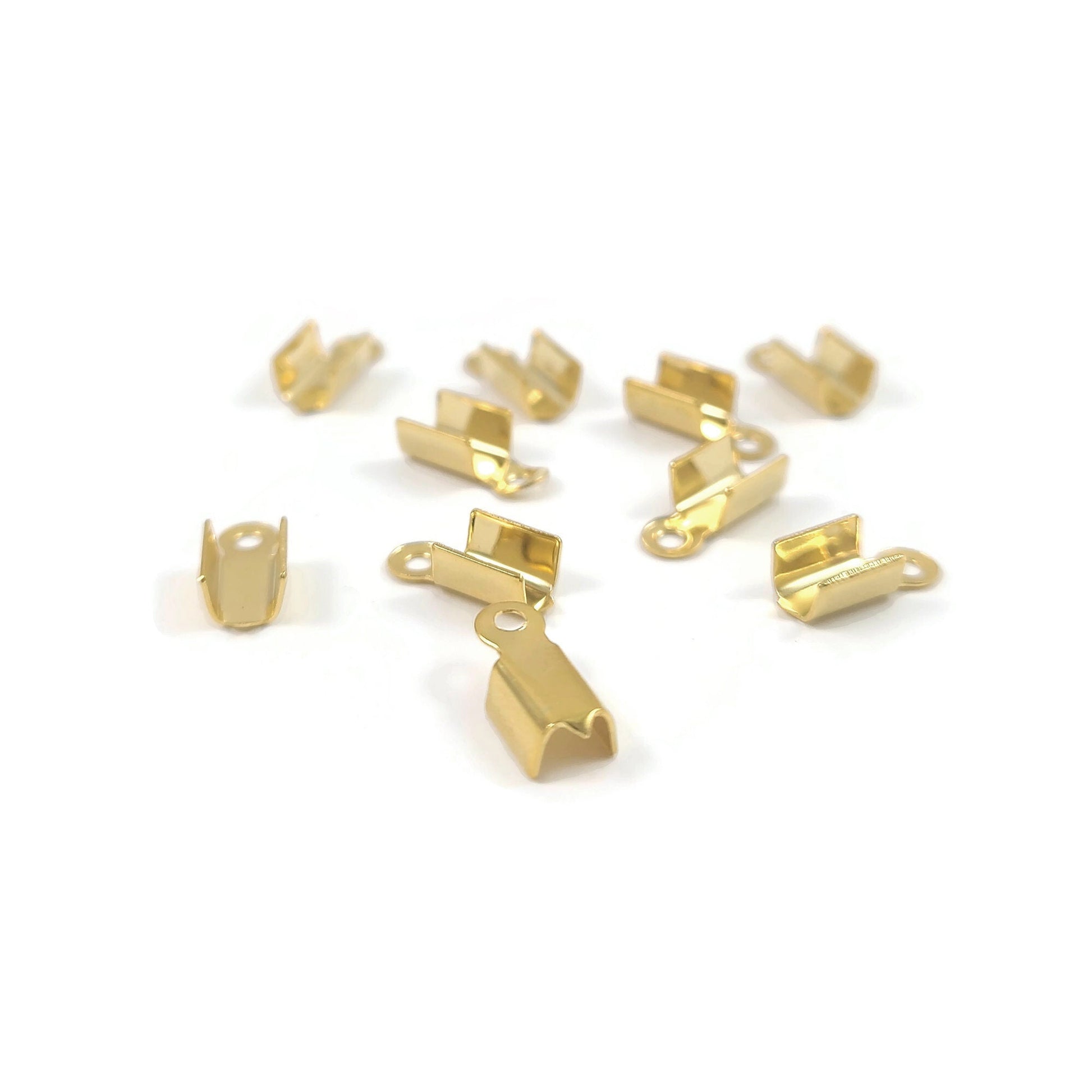 Gold crimp end caps, Fold over cord tips, Stainless steel ribbon end clasp findings, Jewelry making parts