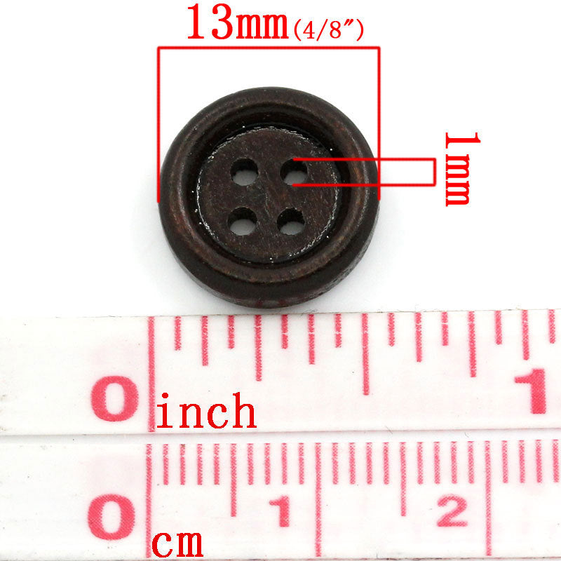 Small button - Dark Brown 4 Holes Wooden Sewing Buttons 13mm - set of 10