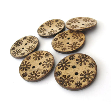 6 Brown flower pattern Coconut Shell Buttons 28mm - Natural and Eco Friendly round sewing button