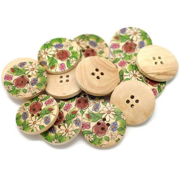 Painted wood button romantic nature flower pattern 6 x 30mm wood sewing buttons