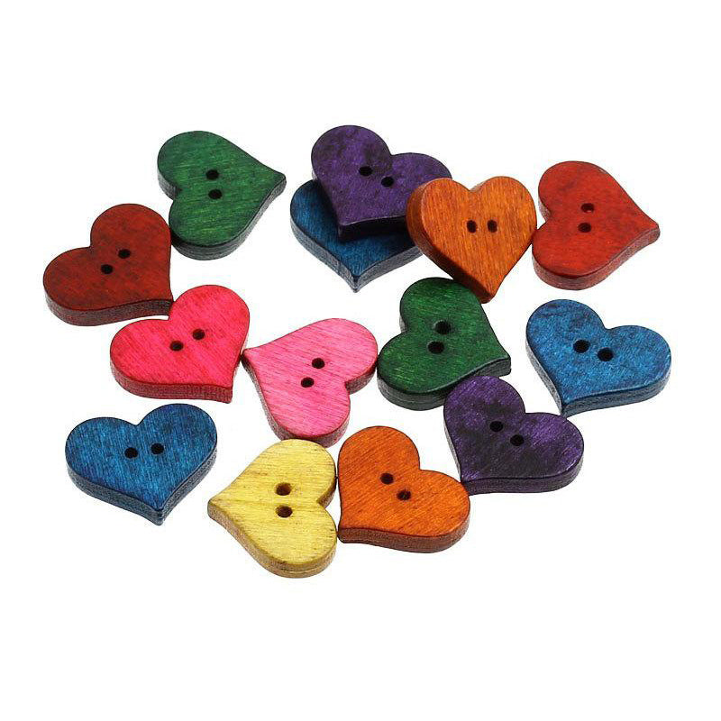 25 Boutons coeurs couleurs variées - lot de boutons en bois 20mm