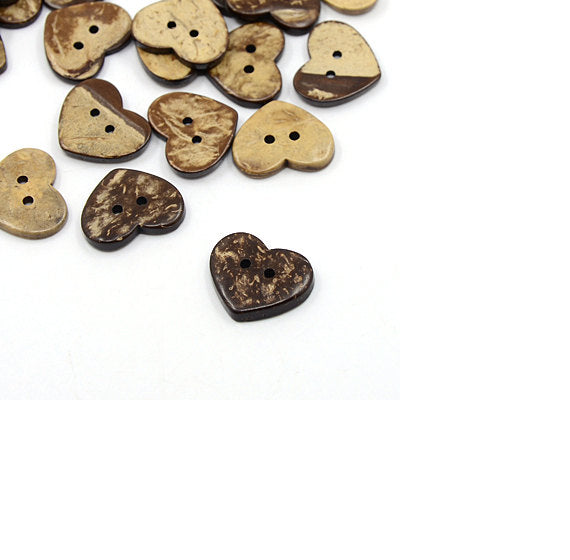 10 Brown Coconut Shell Buttons 20mm -  Heart shape