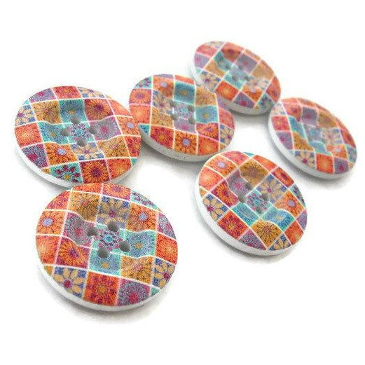 6 boutons de bois avec motif patchwork de fleurs 23mm