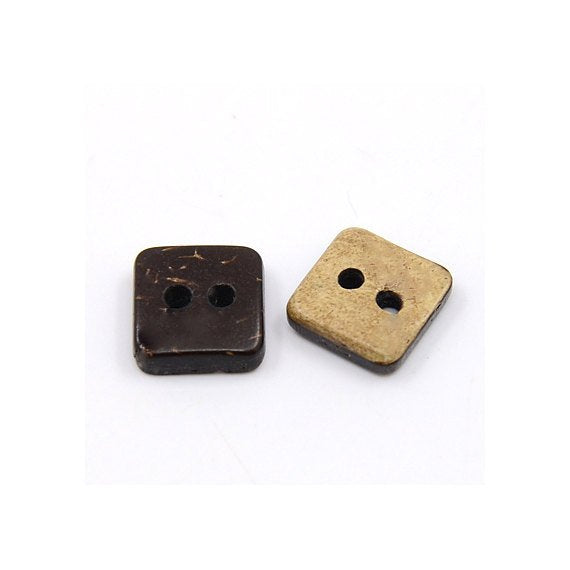 10 Brown Coconut Shell Buttons 9mm -  Tiny square shape
