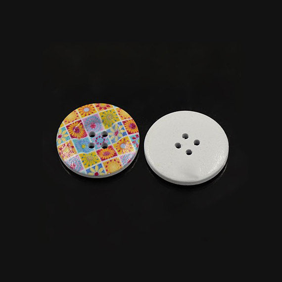 6 painted wooden button - flower patchwork pattern 23mm