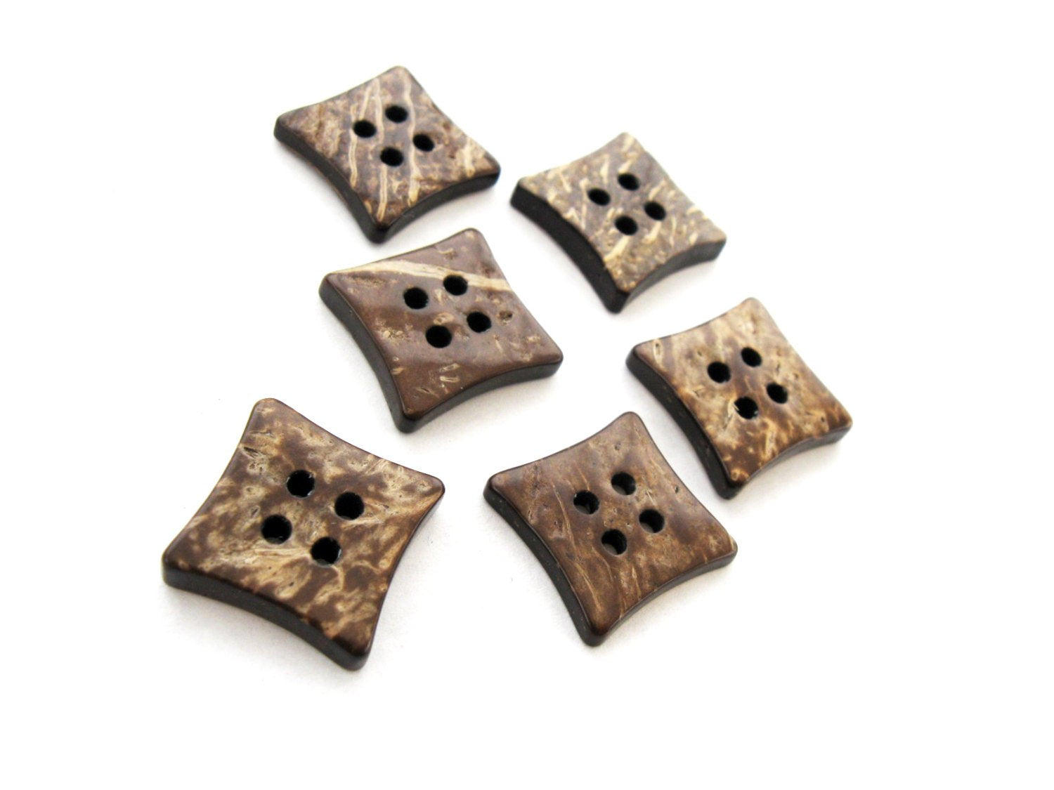 6 Brown Coconut Shell Buttons 14mm -  Square shape