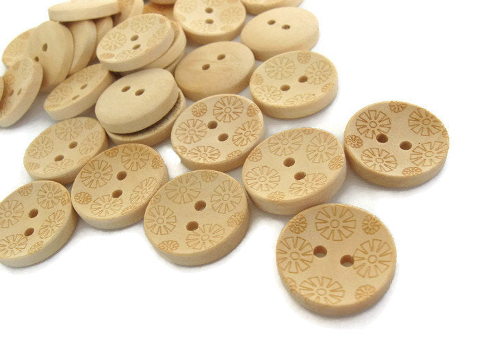 Bouton de bois avec motif de fleurs - bouton en bois naturel de 20mm - ensemble de 12