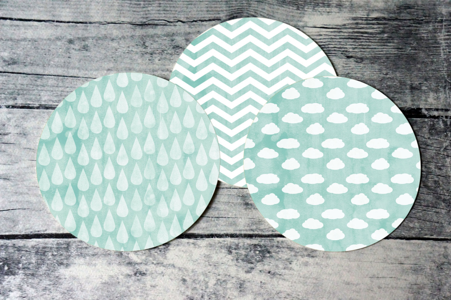 Printable round tags or cupcake toppers  - Aqua Cloud, Rain, Chevron, Digital Circle Collage Sheet
