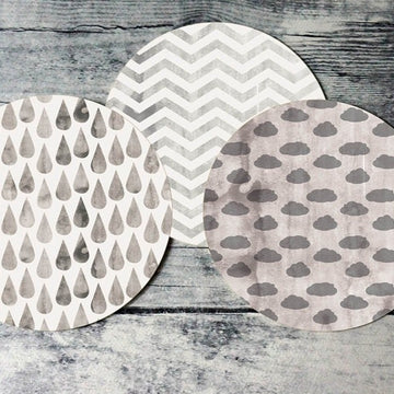 Printable round tags or cupcake toppers  - Pewter Cloud, Rain, Chevron, Digital Circle Collage Sheet