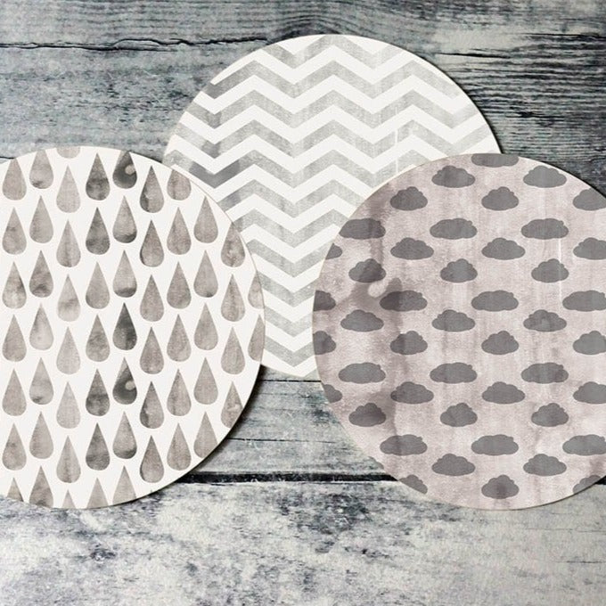 Printable round tags or cupcake toppers  - Pewter Cloud, Rain, Chevron, Digital Circle Collage Sheet