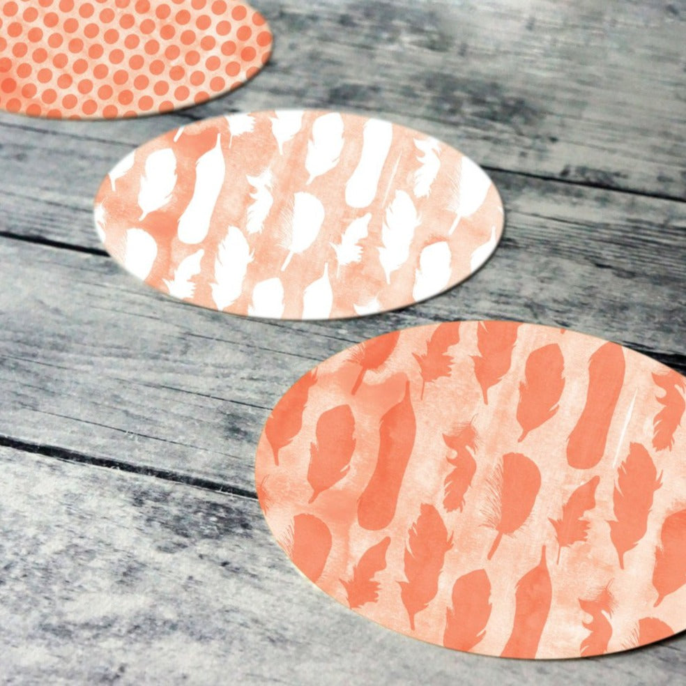 Printable round tags or cupcake toppers  - Coral Feather and Dots Digital Circle Collage Sheet