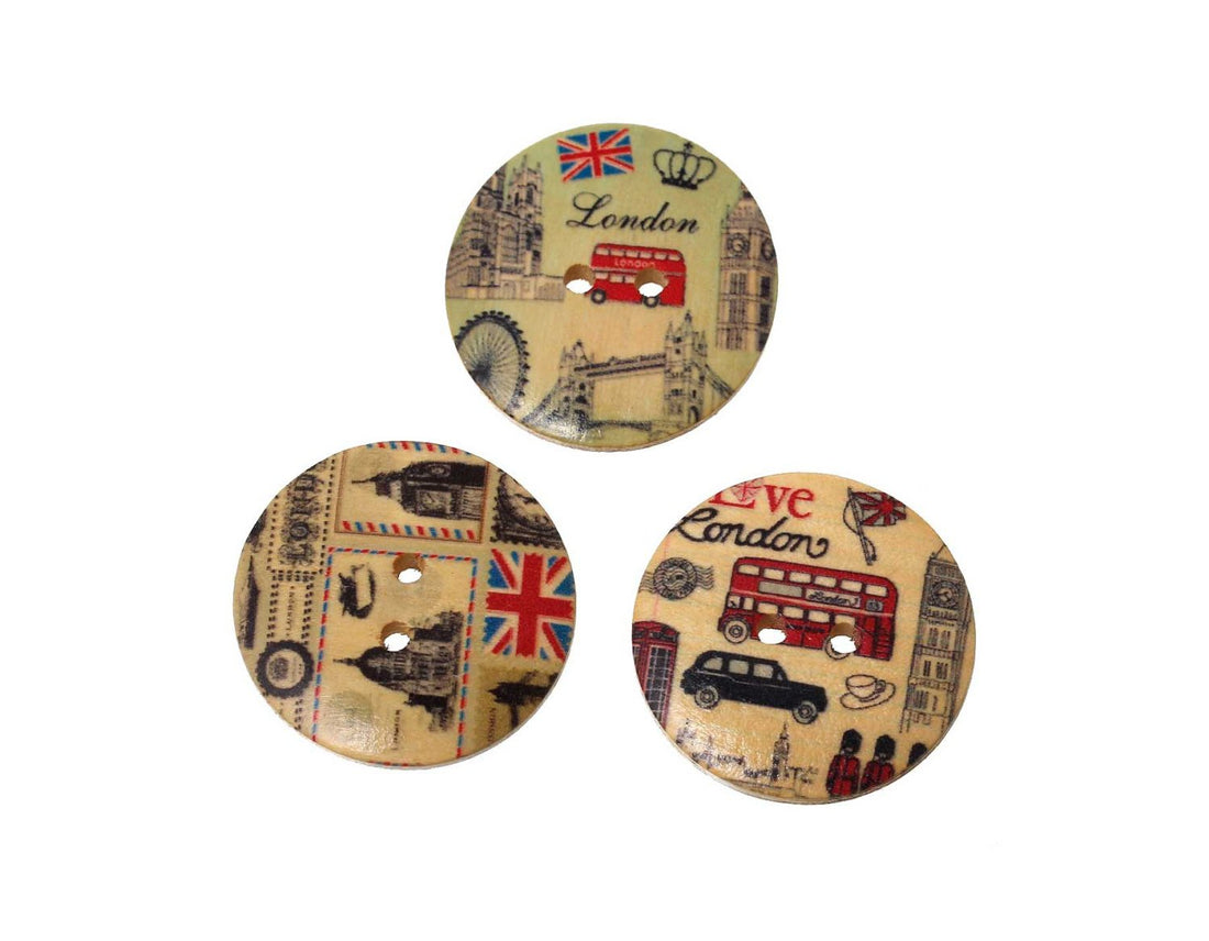 London wood sewing buttons - 5 Mixed Patterns scrapbooking buttons